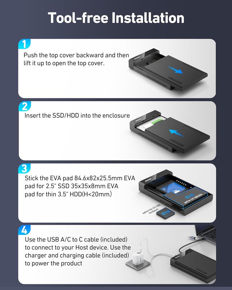 Benfei 3.5/2.5 Inch SATA HDD/SSD Enclosure, Tool-Free Design, Supports 20TB HDD & UASP - Image 5